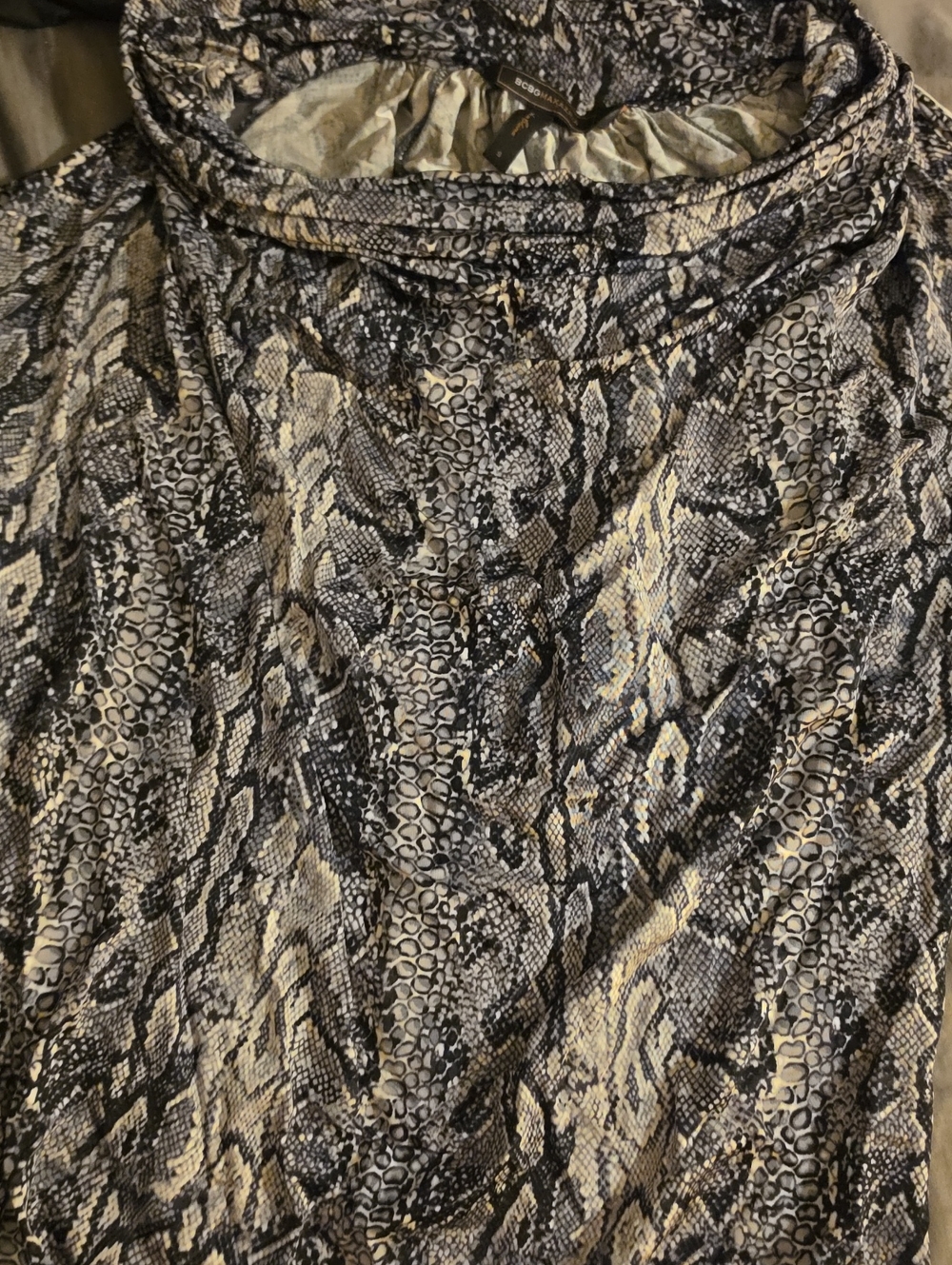 BCBGMaxAzria Snake-Print Top in Black, Gray, Cream,cowl Neck, Bare Shoulder.